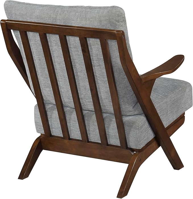 Lexicon Mid Century Modern Accent Chair, Pascal Brown Solid Rubberwood Frame, Reversible Back Cushion, Woven Chenille Upholstered Reading Chair, for Living Room/Bedroom/Office, Grey