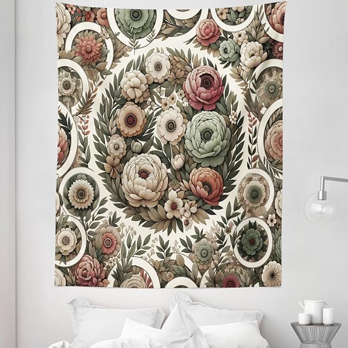 Ambesonne Flower Tapestry Twin Size, Circular Floral Wreath with Greenery Leaves Ornaments Modern Cottagecore, Wall Hanging Bedspread Bed Cover Wall Decor, 68" X 88", Reseda Green Pale Ruby
