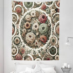 Ambesonne Flower Tapestry Twin Size, Circular Floral Wreath with Greenery Leaves Ornaments Modern Cottagecore, Wall Hanging Bedspread Bed Cover Wall Decor, 68" X 88", Reseda Green Pale Ruby