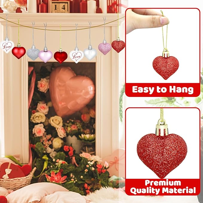 48 Pieces Valentine Heart Baubles Ornaments Valentine's Day Heart Shaped Ornaments for Decoration or Wedding Anniversary Party Supplies, 4 Colors in 8 Styles