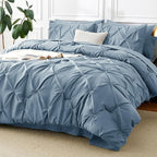 CozyLux Queen Comforter Set Mineral Blue, 7 Pieces Pintuck Bed in A Bag, Premium Blue Comforter Queen Size, Pinch Pleat Bedding Sets with Comforter, Flat Sheet, Fitted Sheet, Pillowcases & Shams