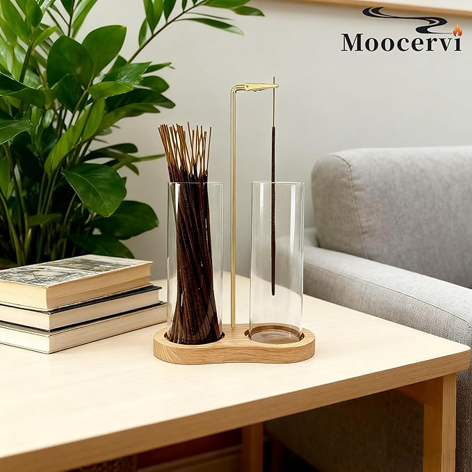 Glass Incense Holder, Incense Sticks Burner Holder with Storage,Hang Upside Down Incense Holder for Sticks with Glass Ash Catcher for Meditation Yoga Spa Room Decor (Natural)
