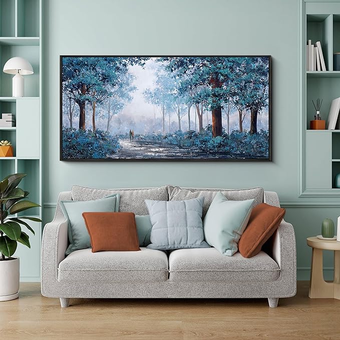 KLAKLA Blue Tree Wall Art for Living Room - Black Frame Border Bedroom Art - Prussian Blue Tree Wall Art for Bedroom - Framed Artwork Blue Leaves Plant Forest Wall Decor