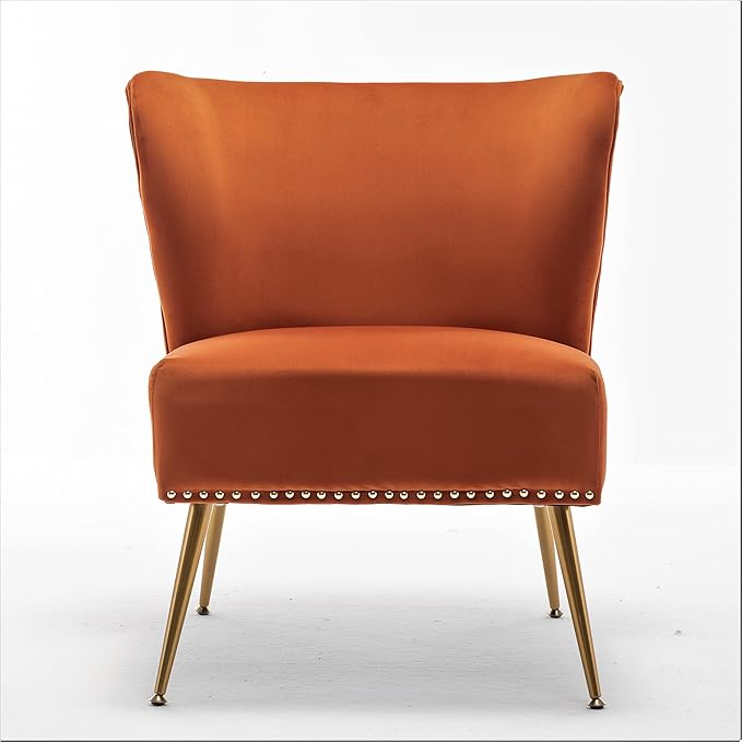 Thia Armless Velvet Accent Chair for Living Room, Elegant Seat with Nailhead Trim, Gold Metal Legs and Comfortable Curved Back, 28" D x 25" W x 29.5" H, Orange Red