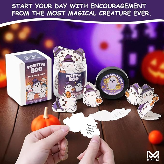 Positive Ghost Affirmation Jar – 60 Funny Emotional Support Ghosts, Boo Basket Stuffers for Women, Halloween Gifts for Women,Teens, Tween, Cute Halloween Basket Stuffers, Spooky Gifts