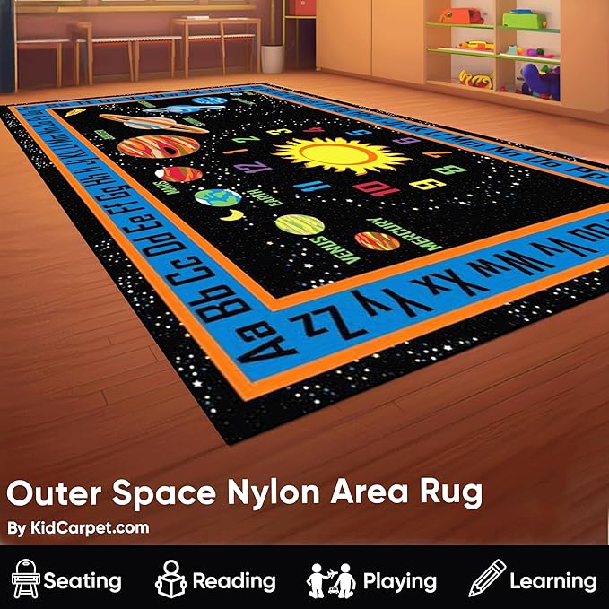 KIDCARPET.COM Outer Space Rectangle Classroom Rug | Bordered Area Rug for Preschool Daycare Learning, 6' x 8'6"
