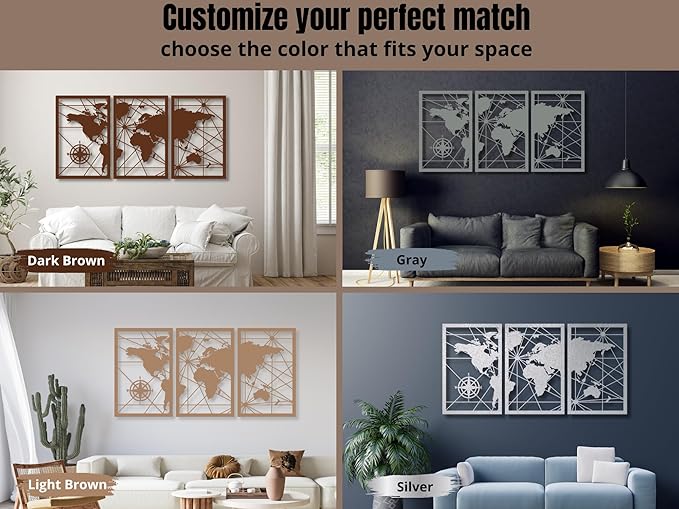 VAILLA World Map Wood Wall Art Decor Large Hanging Sculpture Modern Home Decoration Large Set of 3 Panels Map Wallart Botanical Wall Hangings Wooden Wall Arr 3D Textured Sculptures for Living Room Bedroom Office Dinnig Room