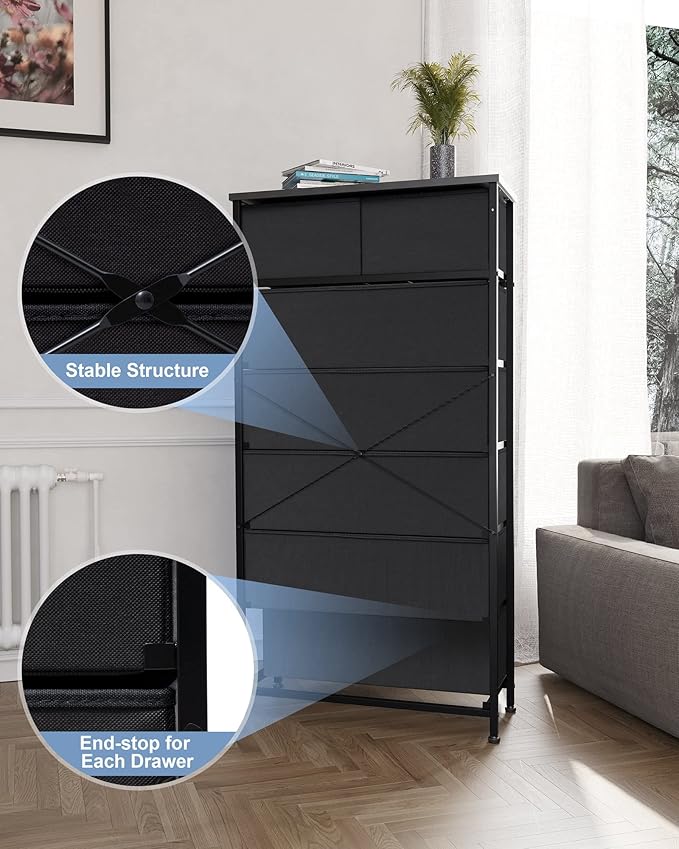 Crestlive Products Vertical Dresser Storage Tower - Sturdy Steel Frame, Wood Top, Easy Pull Fabric Bins, Handles - Organizer Unit for Bedroom, Hallway, Entryway, Closets - 7 Drawers (Black)