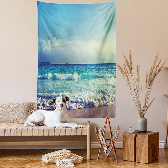 Ambesonne Tropical Island Tapestry, Ocean Waves on Seychelles Beach at the Sunset Time Skyline, Wall Hanging for Bedroom Living Room Dorm Decor, 40" X 60", Turquoise Sky Blue Umber