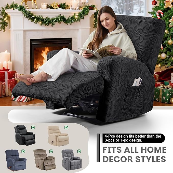 VANSOFY Recliner Chair Covers, 4-Pieces Stretch Recliner Cover Jacquard Soft Reclining Chair Slipcover Furniture Protector with Elastic Bottom for Lazy Boy Recliner(Black)
