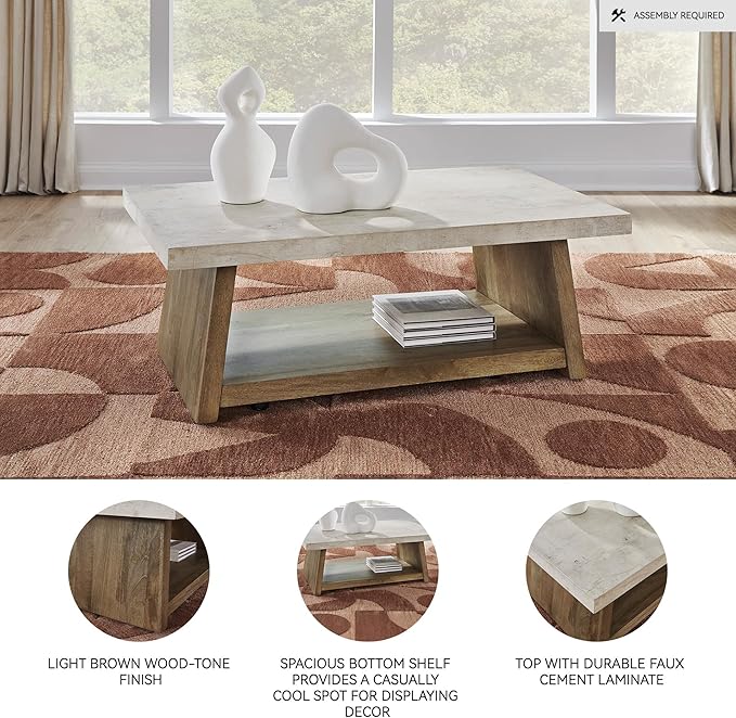 Signature Design by Ashley Brendalhouse Casual Coffee Table with Faux Cement Top, Bottom Shelf and Casters, Light Brown & White