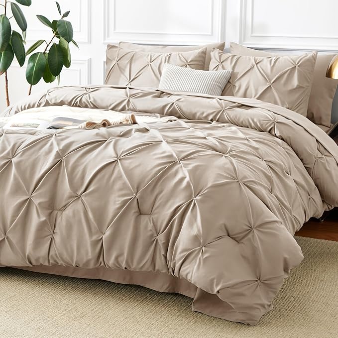 CozyLux Full Size Comforter Sets Wheat, 7 Pieces Pintuck Bed in A Bag Wheat Comforter Full Size, Pinch Pleat Bedding Sets with All Season Comforter, Sheets, Pillowcases & Shams