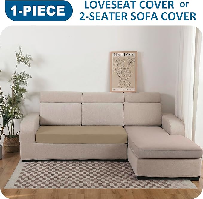 100% Waterproof Couch Cushion Covers, Stretch Sofa Seat Covers, Reversible Protector Covers for Pets, Washable (Loveseat Cushion, Sand), Medium