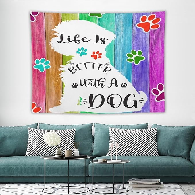 VUMIVI Cute Dog Tapestry Rainbow Color Planks Rustic Farmhouse Home Decor Pet Paws Tapestry Wall Hanging for Living Room Bedroom Dorm Classroom Aesthetic Decor W80xL60in