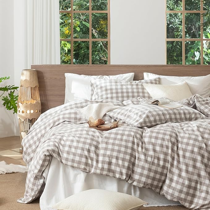 MooMee Gingham Duvet Cover Set 100% Washed Cotton Linen Like Textured Breathable Durable Soft Comfy Modern Checkered Design (Buffalo Plaid Tannish Linen Grey, Cal King 104"x98")