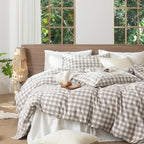 MooMee Gingham Duvet Cover Set 100% Washed Cotton Linen Like Textured Breathable Durable Soft Comfy Modern Checkered Design (Buffalo Plaid Tannish Linen Grey, Queen 90"x90")