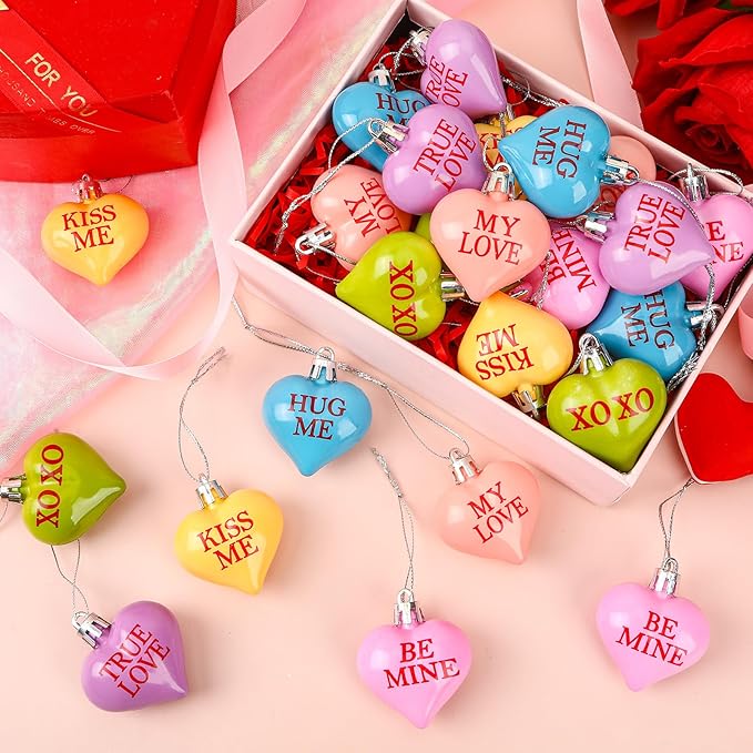 JULMELON Valentine's Day Conversation Hearts Candy Ornaments, 24 Pcs Colorful Heart Decorations for Tree Home Party Holiday Wedding and Party Decoration