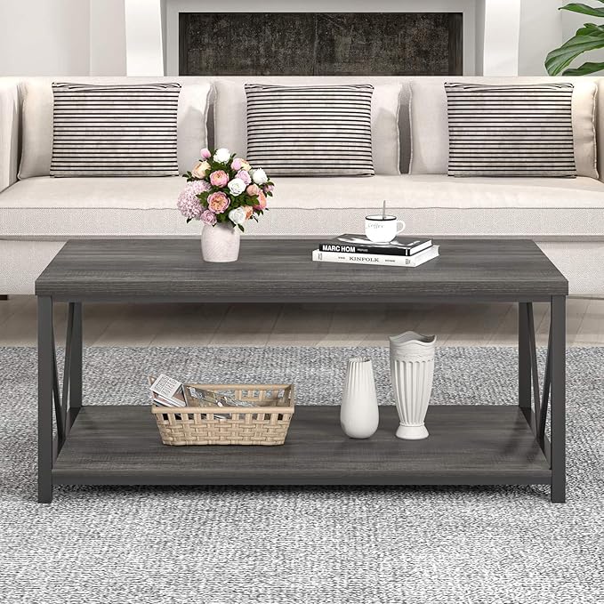 FOLUBAN Coffee Table with Storage, Modern Small Center Tables for Small Spaces, Rustic Wood and Metal Cocktail Table for Living Room, 39.3 Inch Dark Gray