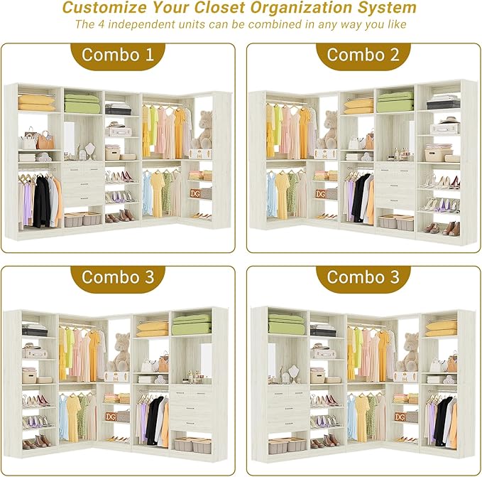 Unikito 110” Closet System with Drawers, 9.3FT Corner Closet Organizer with 4 Hanging Rod, Reversible Large Wood L Shaped Walk in Closets Wardrobe with Shoe Shelves, Set of 4, White Oak