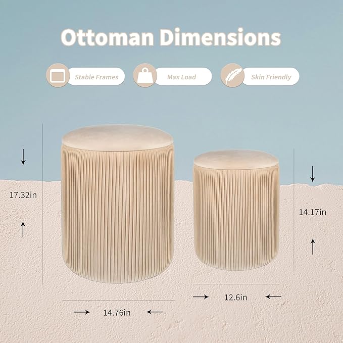Round Ottoman with Storage Set of 2, Multi-Functional Velvet Vanity Stool for Bedroom, Ottomans Coffee Table Padded Seat Foot Rest for Living Room (Beige)