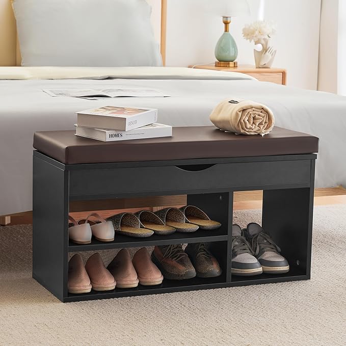 Apicizon 39 Inches Storage Bench, Shoe Bench with Flip Top Storage Space and Padded Cushion, Wooden Entryway Bench for Entryway, Living Room, 2-Tier Shoe Rack Organizer, Black