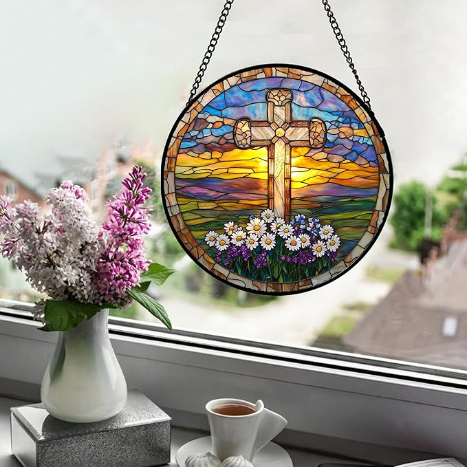 Christian Gifts for Women - Cross Stained Glass Window Hanging Jesus Easter Daisy Grassland Sunset Sun Catcher Garden Religion Decor Mother's Day Catholic Gift for Men Grandma Nana Her 15"