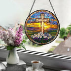 Christian Gifts for Women - Cross Stained Glass Window Hanging Jesus Easter Daisy Grassland Sunset Sun Catcher Garden Religion Decor Mother's Day Catholic Gift for Men Grandma Nana Her 15"