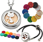 Essential Oil Diffuser Necklace & Bracelet Set for Women Gift 2pcs, Cat Aroma Locket Necklace + Pawprint Diffuser Bracelet Adjustable with 20 Refill Pads, Gifts for Wife, Girlfriend, Friend, Sister
