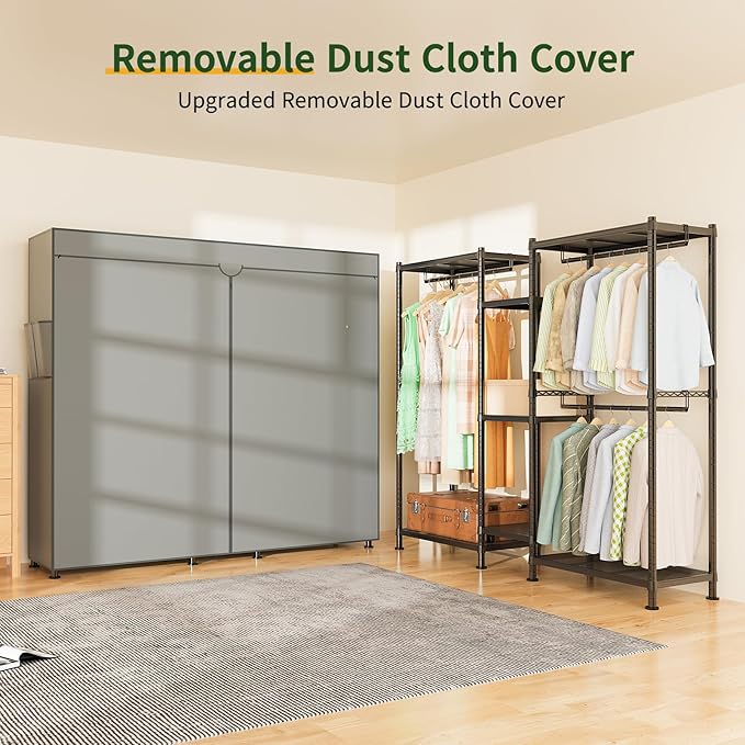 LEHOM G6C Heavy Duty Clothes Rack with Cover, Wire Garment Rack for Hanging Clothes, Compact Closet Storage Clothing Rack with Oxford Fabric Cover, Adjustable Hanging Clothes Racks for Bedroom
