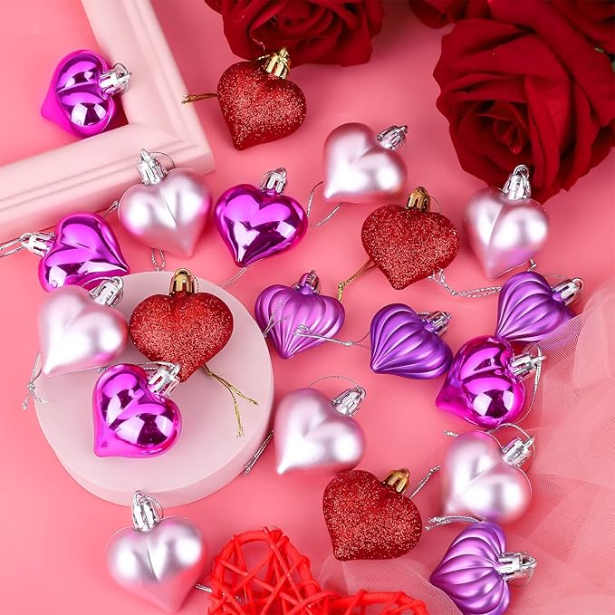 Elcoho 48 Pieces Valentine's Day Heart Shaped Baubles Hanging Heart Ornaments Valentines Tree Decorations for Valentines Day Ornaments Party Wedding Anniversary Decor, Red, Hot Pink, Pink, Purple