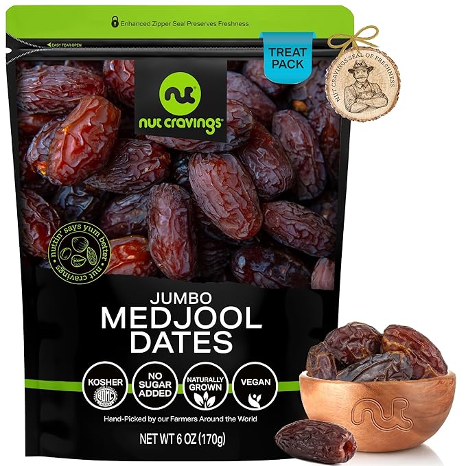 NUT CRAVINGS - Dried Jumbo Medjool Dates, No Sugar Added, Unsulphured (6oz, 1 Pack) Ramadan & Iftar Favorite - Sweet Healthy Snack, Vegan, Kosher, Resealable Bag