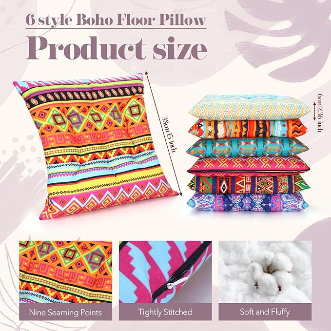 Menkxi 6 Pcs Bohemian Floor Pillows Seating 15 Inch Boho Floor Cushions Sitting Pillows Square Yoga Mandala Meditation Pouf for Living Room Balcony Office Tatami(Stylish)