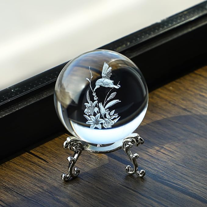 HDCRYSTALGIFTS 3D Hummingbird Crystal Ball Paperweight 60mm(2.3Inch) Laser Engraved Glass Sphere Display Globe Meditation Ball Home Decor with Metal Stand