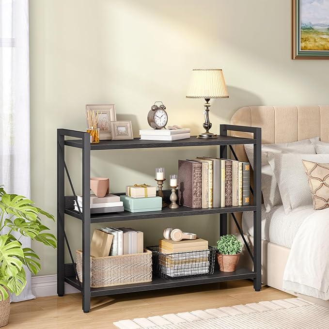 HOOBRO Bookshelf, 3-Tier Industrial Bookcase, Book Shelf Storage Organizer, Bookshelf with Metal Frame for Living Room, Bedroom, Home Office, Kitchen, Black BB718SJ01
