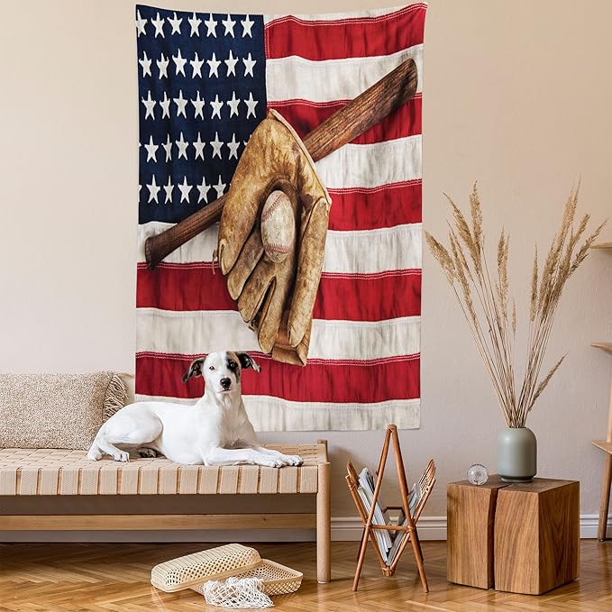 Ambesonne Baseball Tapestry, Vintage Baseball League Equipment Usa Grunge Glove Bat Fielding Sports Theme, Wall Hanging for Bedroom Living Room Dorm Decor, 40" X 60", Red Brown