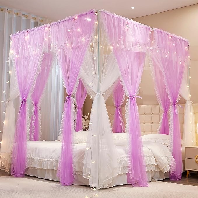4 Corners Post Princess Curtains Bed Canopy for Girls 8 Panels Curtain- Double Layer Sheer Mesh Canopies Drapes Girls Room Decor (8P-Purple/White, 4P(33"x82") W+4P(43"x82") L/(Queen))