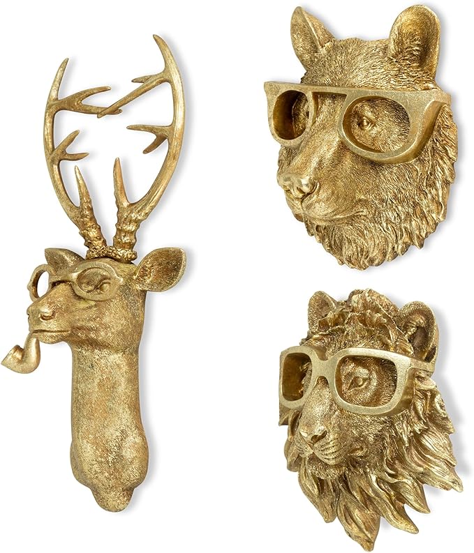 Luxicoze Gold 3pcs Animal Heads Wall Decor - Victorian-Style Lion Head, Bear Head, and Deer Head Wall Mount Decor, Adorned with Spectacles, Resin Home Decor Sculptures for Artistic Living Rooms, Animal Statue.