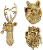 Luxicoze Gold 3pcs Animal Heads Wall Decor - Victorian-Style Lion Head, Bear Head, and Deer Head Wall Mount Decor, Adorned with Spectacles, Resin Home Decor Sculptures for Artistic Living Rooms, Animal Statue.
