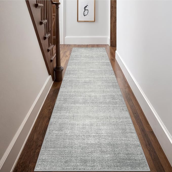 Art&Tuft Non-Slip Runner Rug - 2.5x16 Runner Rug Washable Low-Pile Rugs Runners, Soft Distressed Carpet Runner for Bedroom Bathroom Kitchen Laundry Living Room, Grey