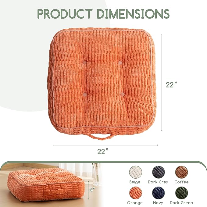 6" Washable Floor Pillow Cushion for Adults, Meditation Cushion Pillow, Removable Tufted Blended Corduroy Cover, Large Square Floor Sitting for Tatami Living Room or Yoga, 22x22 Inch, Machine Washable