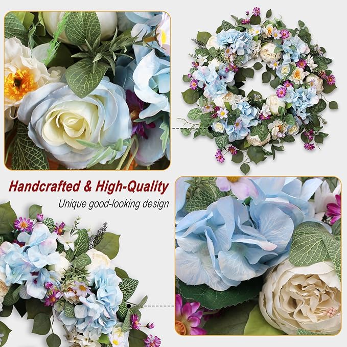 24 Inch Spring Wreaths for Front Door, Spring Wreath,Blue Hydrangea Wreath,Large Spring Summer Door Wreaths for Front Door Outside All Season Home Decor (Blue)