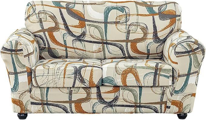 KRFOONN 3 Piece Printed Couch Cover for 2 Cushion Couch Stretch Sofa Loveseat Slipcover with 2 Separate Seat Cushion Covers Furniture Protector with Elastic Bottom for Living Room (Loveseat, 52)