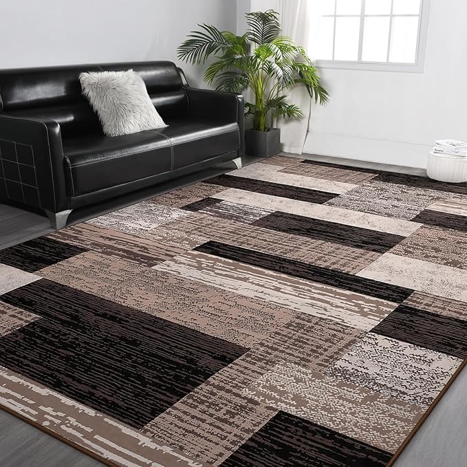 FlyDOIT Modern Geometric Patchwork Area Rug, 9x12 Chocolate Large Rugs for Living Room, Rockwood Collection Indoor Rugs for Bedroom, Throw Carpet Floor Decor for Entryway Dining Room Office Nursery