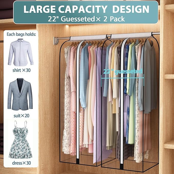 22” Gusseted Garment Bags for Hanging Clothes, All Clear Clothes Cover for Closet Storage, Wardrobe Coat Protector for Suit, Shirt Long Dress, Bottom Enclosed, 2 Pack, 60” Long