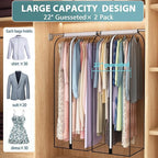 22” Gusseted Garment Bags for Hanging Clothes, All Clear Clothes Cover for Closet Storage, Wardrobe Coat Protector for Suit, Shirt Long Dress, Bottom Enclosed, 2 Pack, 60” Long