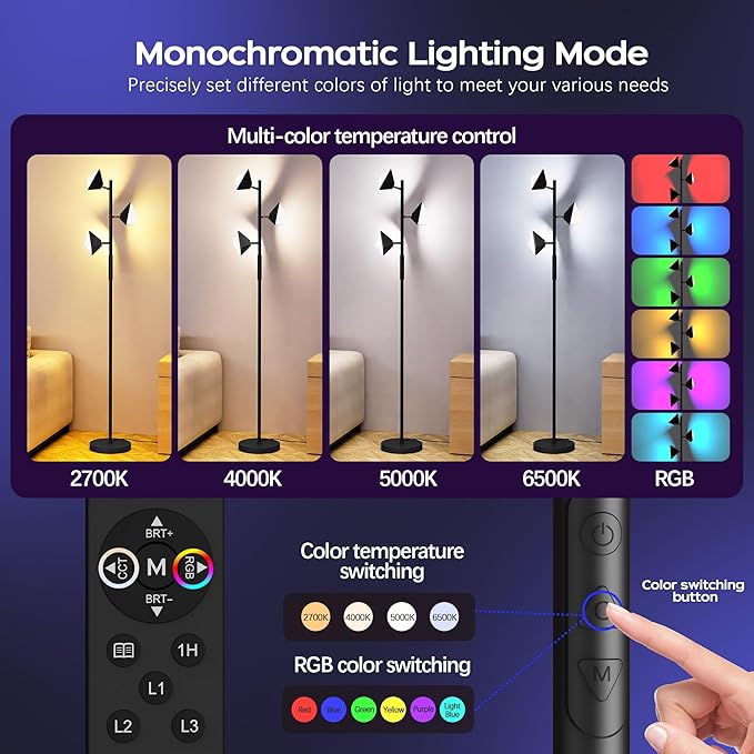 36W RGBCW Floor Lamp, Color Changing LED Tree Floor Lamp, Stepless Dimmable Tall Standing Lamp with Remote & Touch Control, 2700K-6500K Modern Floor Lamps for Living Room, Bedroom, Gaming Room - Black
