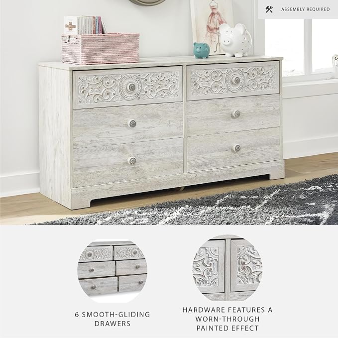 Signature Design by Ashley Paxberry Bohemian 6 Drawer Dresser with Carved Medallion Pattern, White