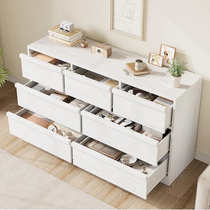 GarveeHome 7 Drawer Dresser for Bedroom, 54in Wide Antique White 7 Chest of Drawers with Large Storage, Wooden Dresser Organizer for Living Room, Nursery, Entryway