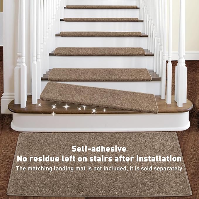 PURE ERA Bullnose Carpet Stair Treads Set Tape Free Non-Slip Indoor Stair Protectors Pet Friendly Rugs Covers Soft Skid Resistant Washable Reusable 9.5" x 30"(2 Pieces, Camel Brown)