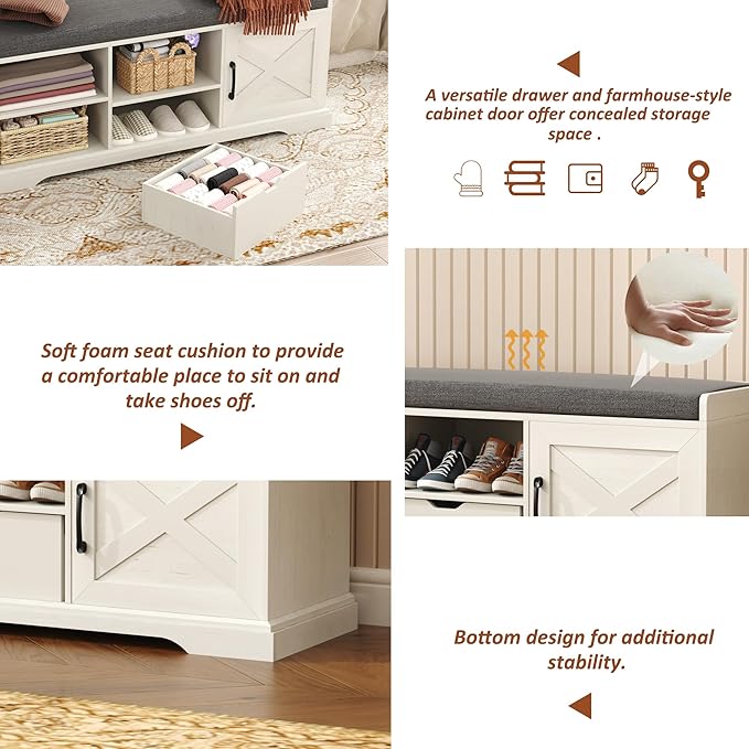 HOMEFORT 47" Shoe Storage Bench with Cushion Seat, Entryway Bench with Adjustable Shelf and Barn Door,2- Tier Farmhouse Shoe Rack Cabinet Bench with Drawer, for Bedroom, Hallway, Antique White